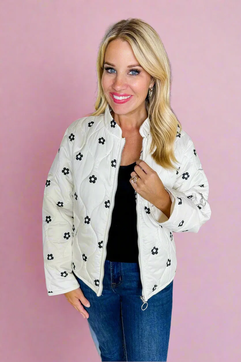 Black Flower Retro Ring Zipper Ivory Puffer Jacket