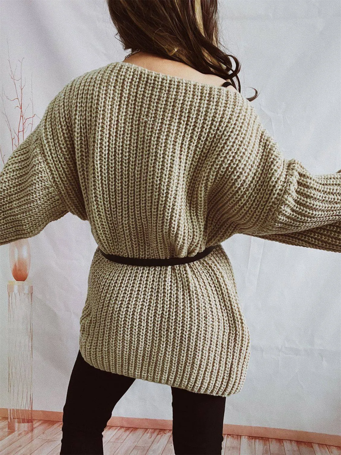 Boat Neck Long Sleeve Sweater with Belt