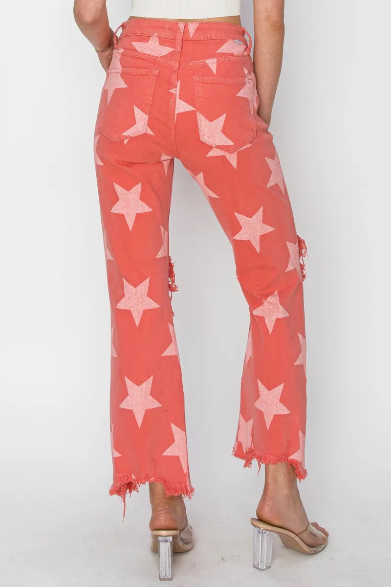 Coral Star Print Distressed Jeans