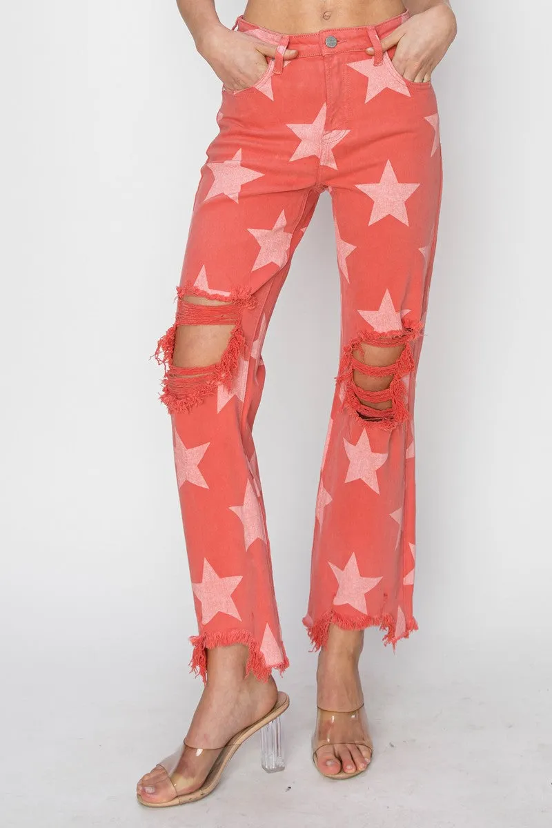 Coral Star Print Distressed Jeans