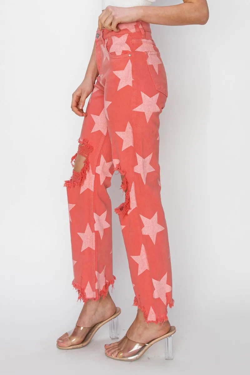 Coral Star Print Distressed Jeans