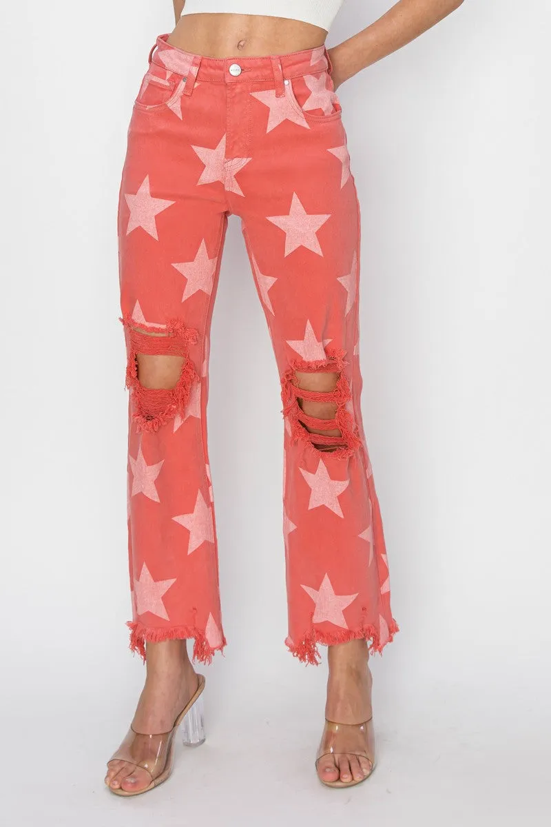 Coral Star Print Distressed Jeans