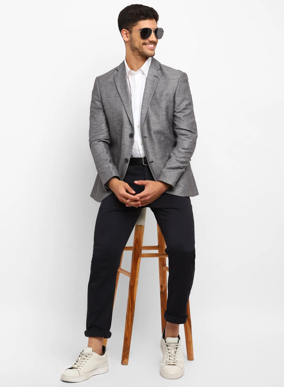 Dark Grey Linen Notch Collar Jacket