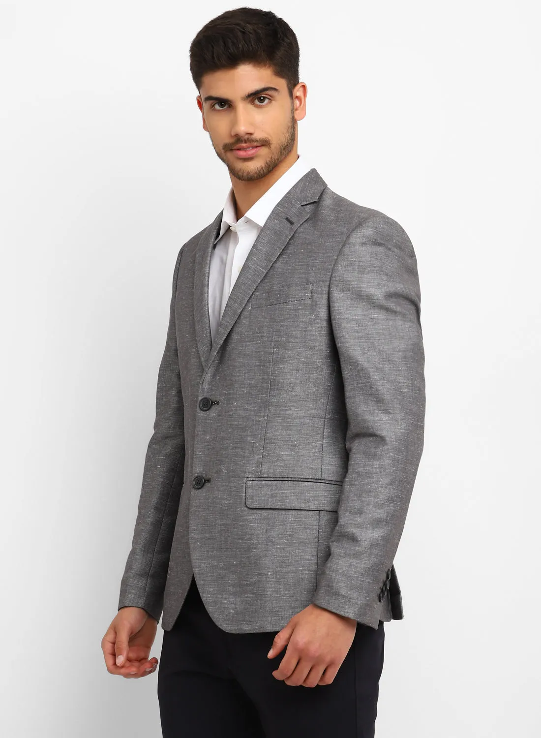 Dark Grey Linen Notch Collar Jacket