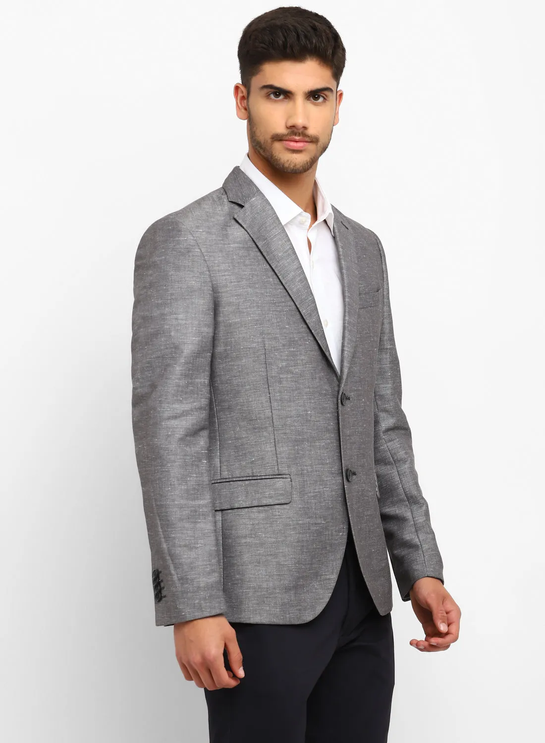 Dark Grey Linen Notch Collar Jacket