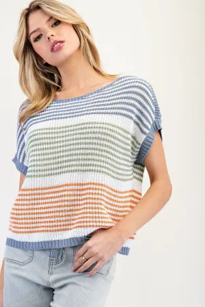 ee:some Multi Color Stripe Short Sleeve Sweater