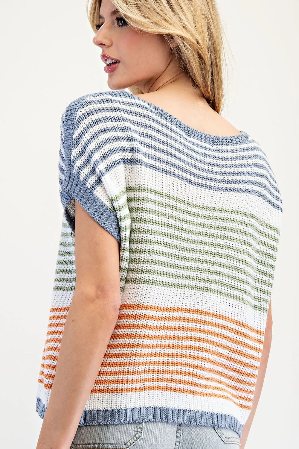 ee:some Multi Color Stripe Short Sleeve Sweater