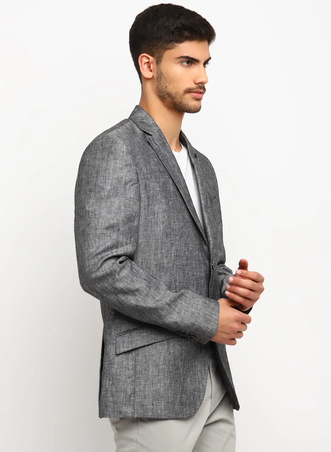 Grey Linen Notch Collar Jacket