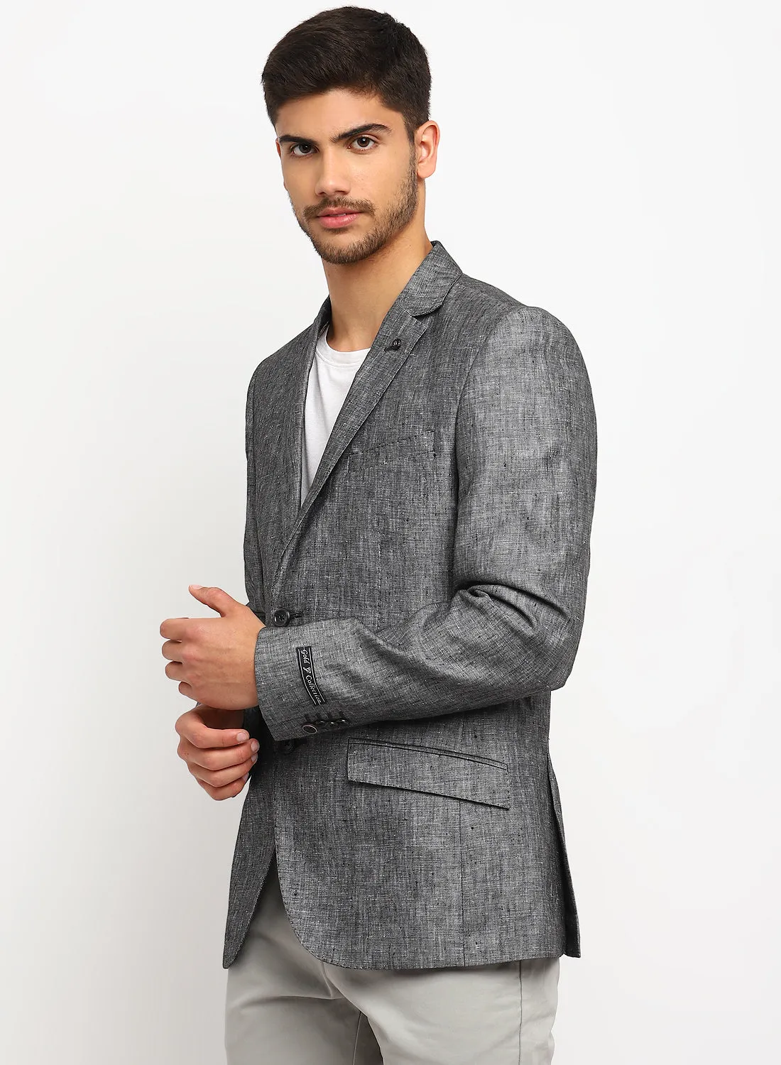 Grey Linen Notch Collar Jacket