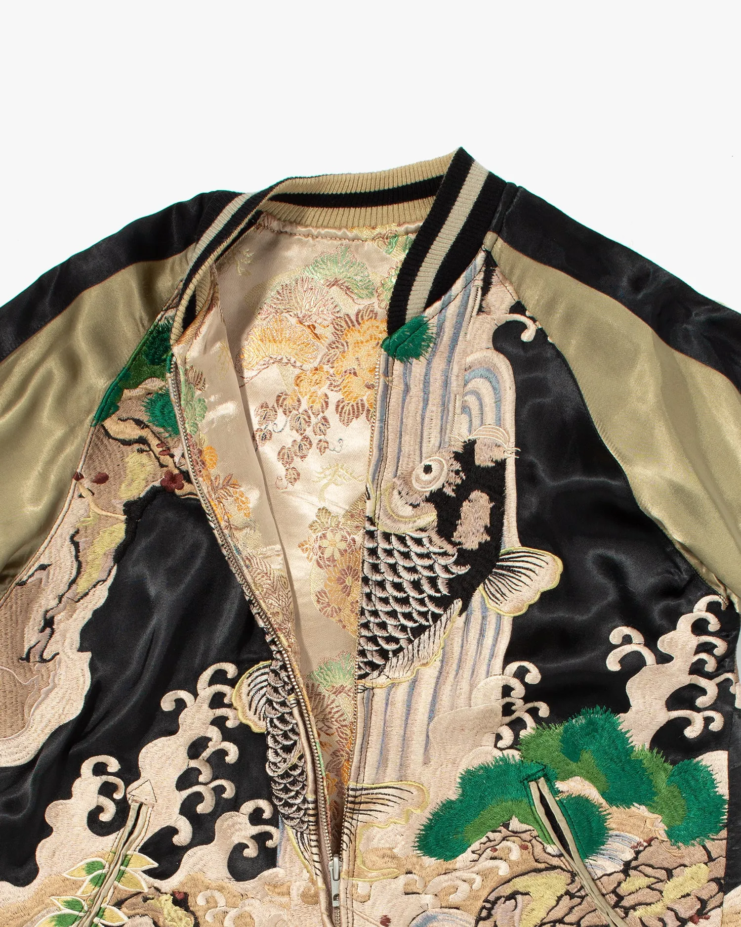 Japanese Repro Souvenir Jacket, Reversible, Black with Koi Scene - M