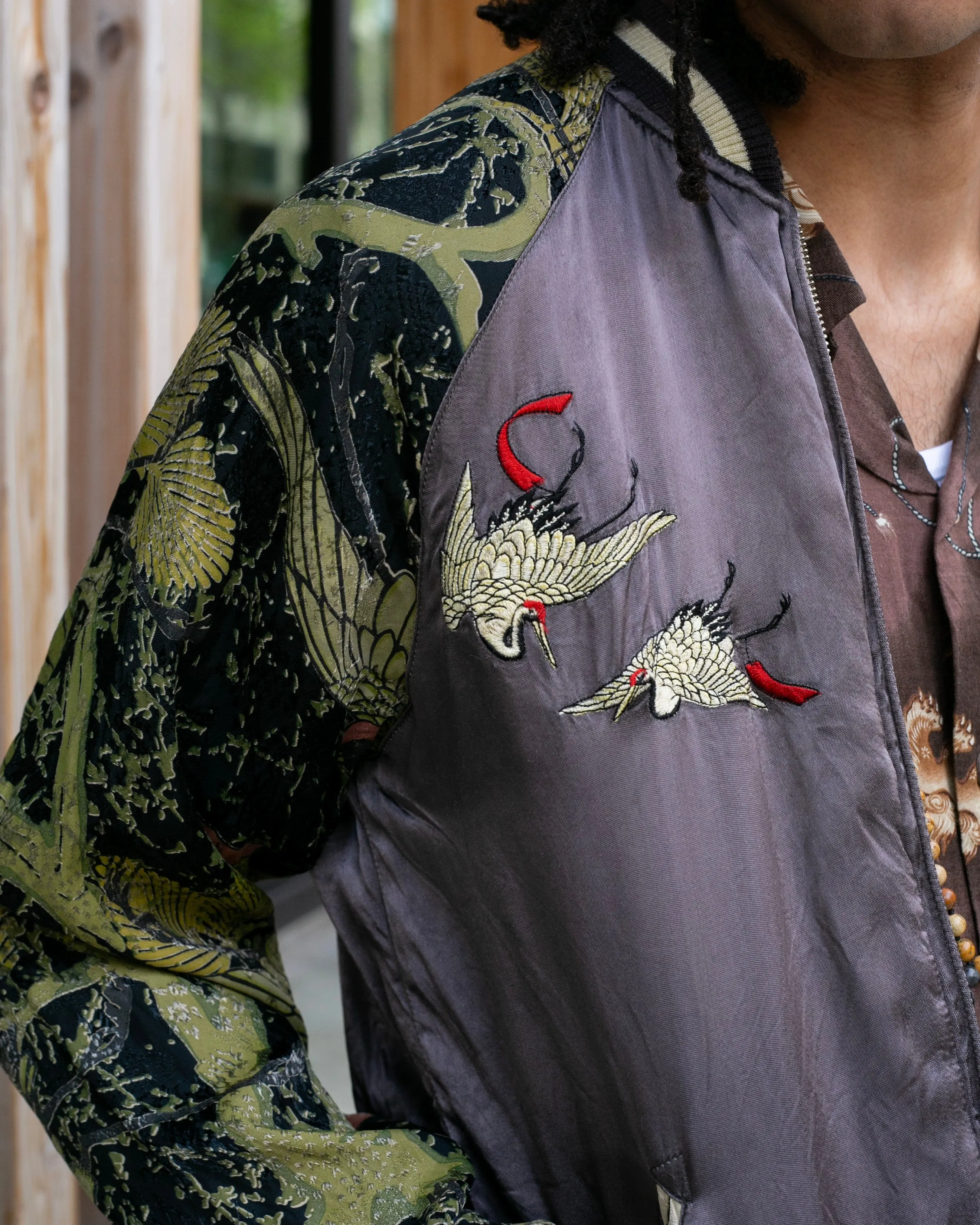 Japanese Repro Souvenir Jacket, Reversible, Gold Birds and Mt. Fuji - M