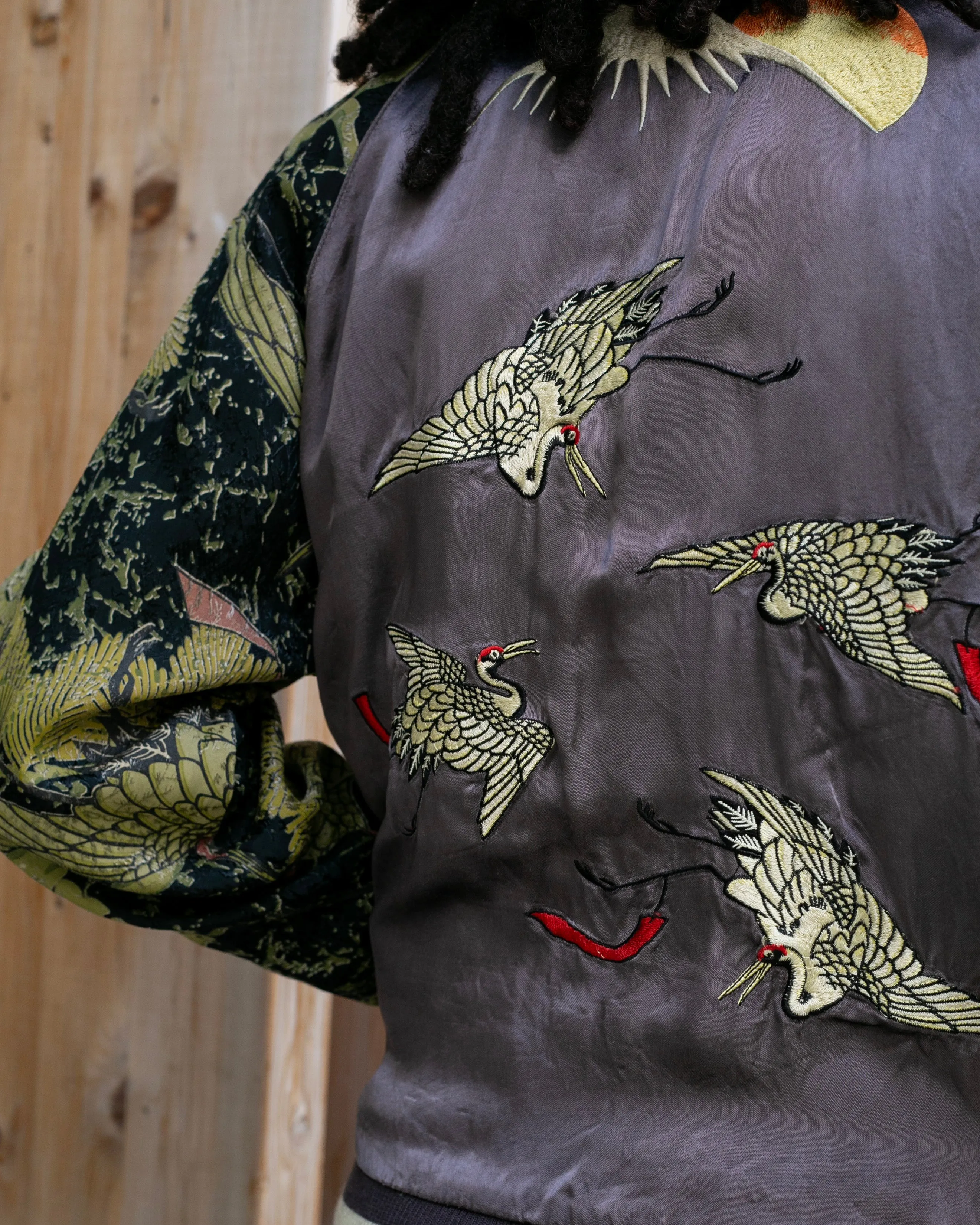 Japanese Repro Souvenir Jacket, Reversible, Gold Birds and Mt. Fuji - M