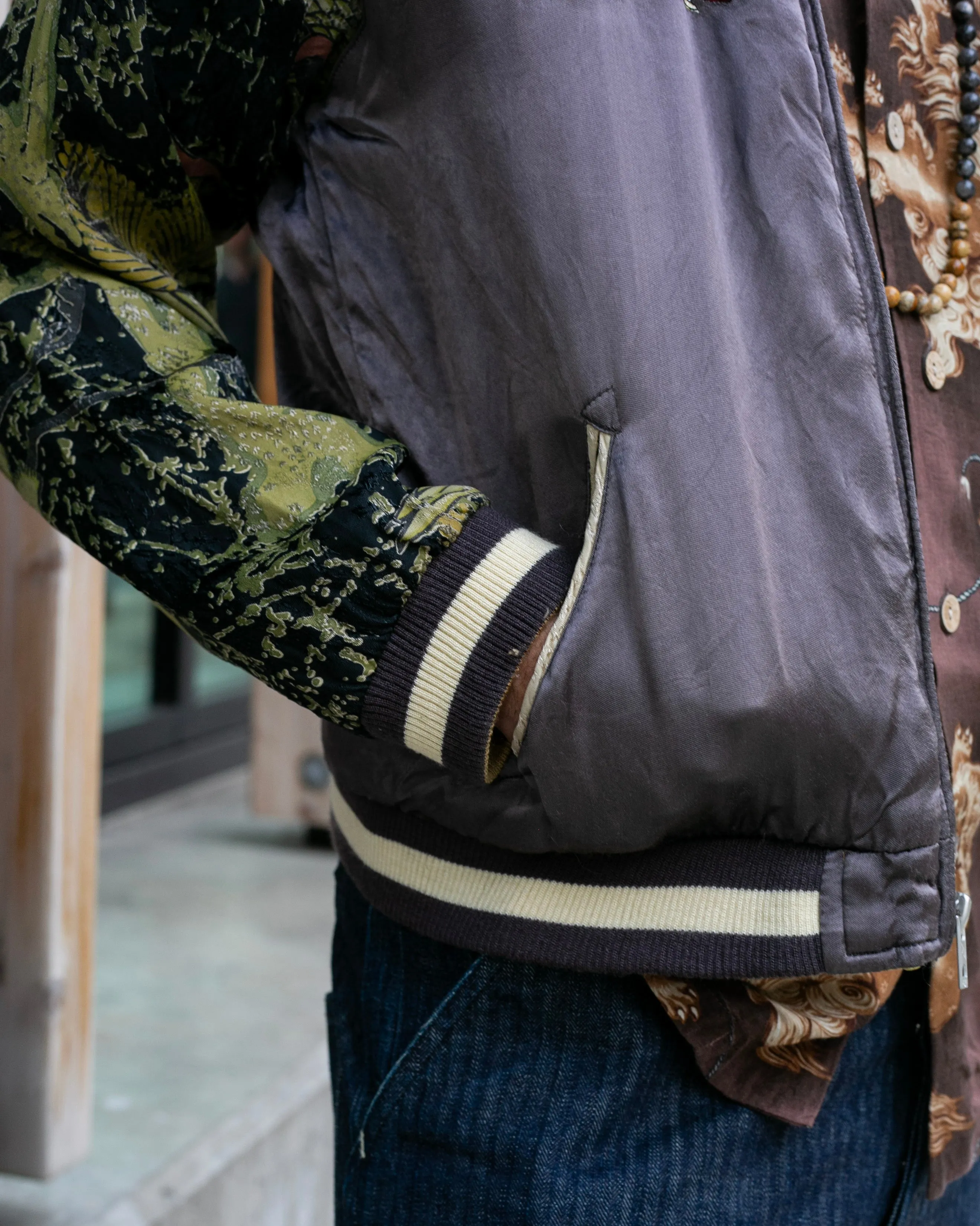 Japanese Repro Souvenir Jacket, Reversible, Gold Birds and Mt. Fuji - M