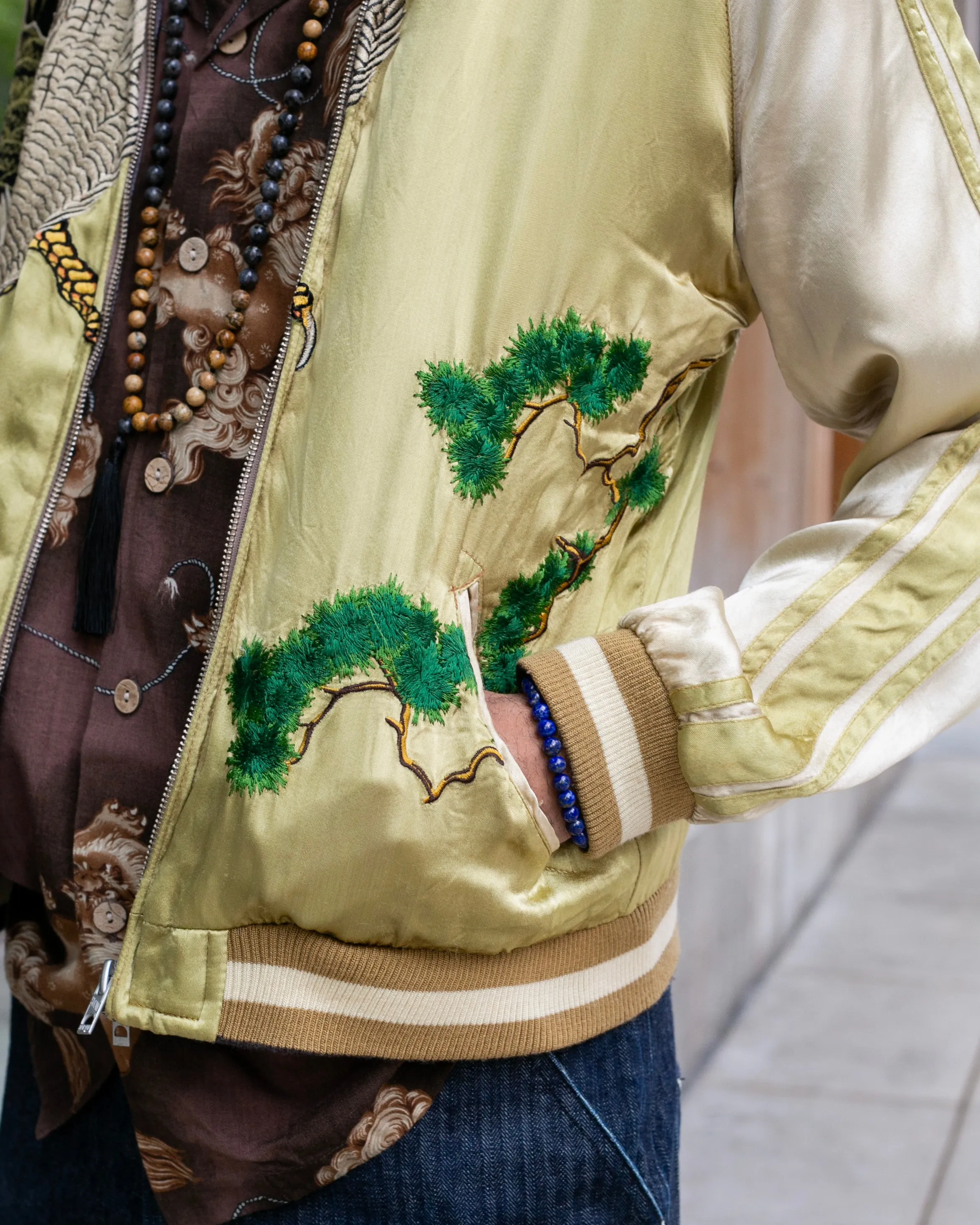 Japanese Repro Souvenir Jacket, Reversible, Gold Birds and Mt. Fuji - M