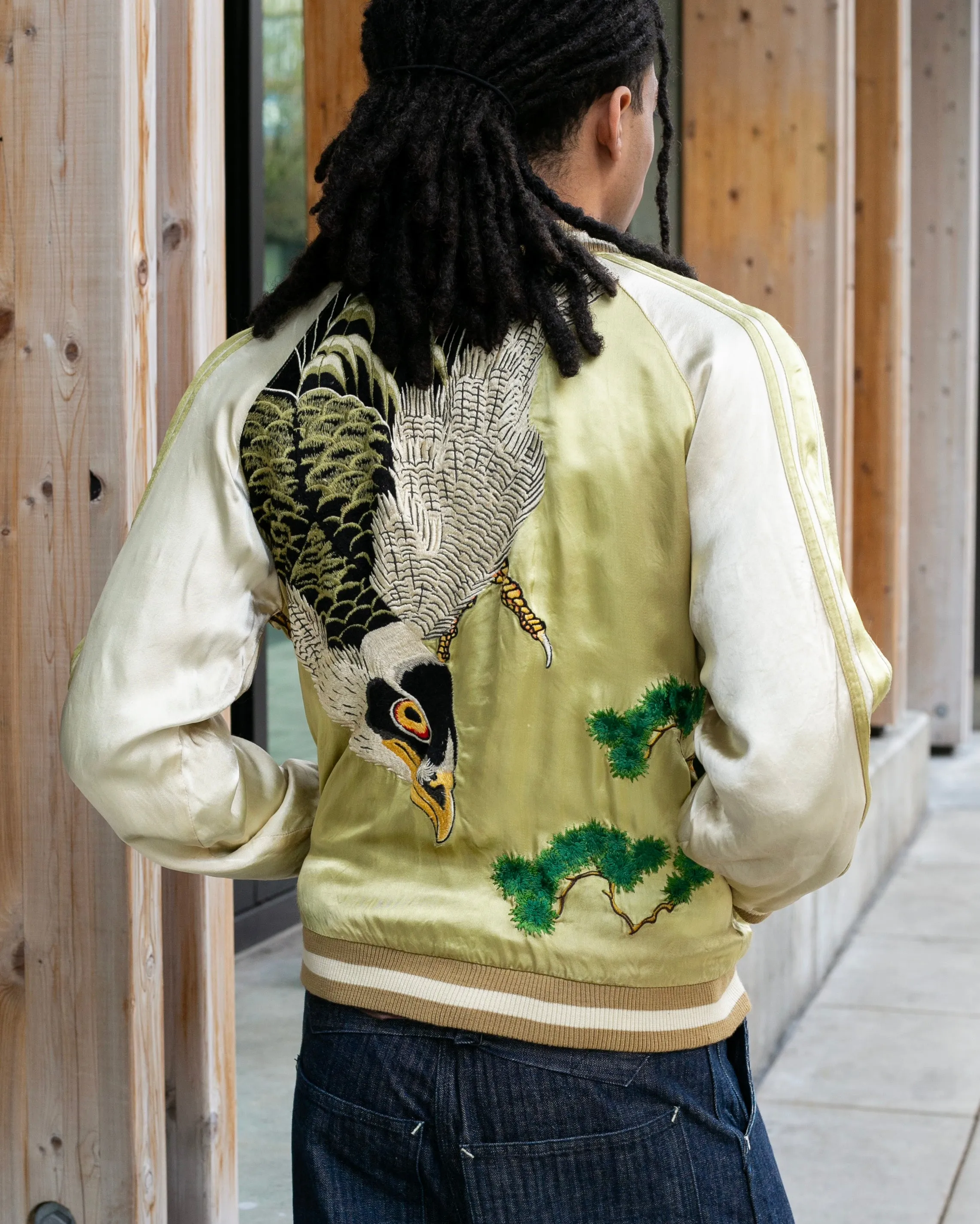 Japanese Repro Souvenir Jacket, Reversible, Gold Birds and Mt. Fuji - M