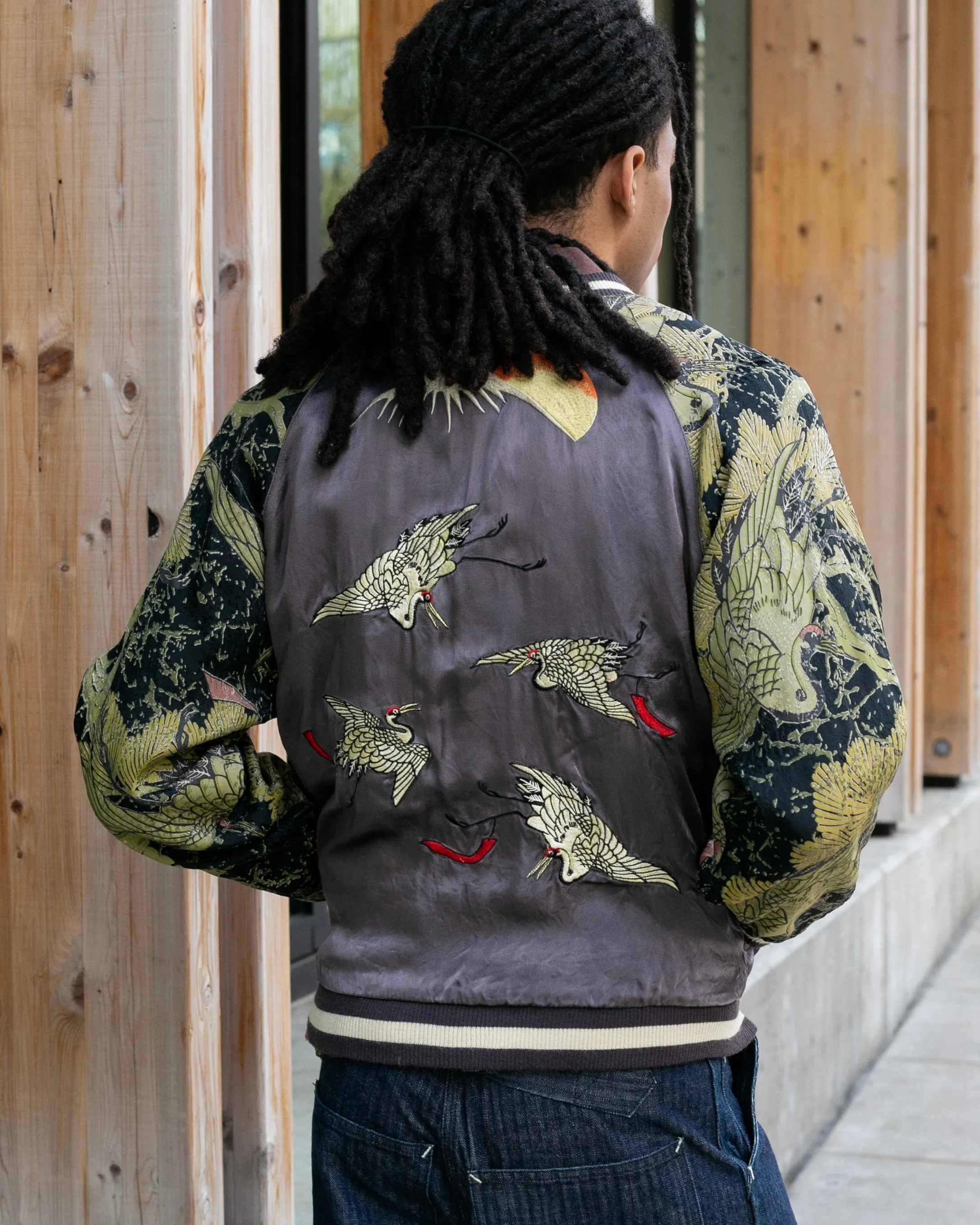 Japanese Repro Souvenir Jacket, Reversible, Gold Birds and Mt. Fuji - M