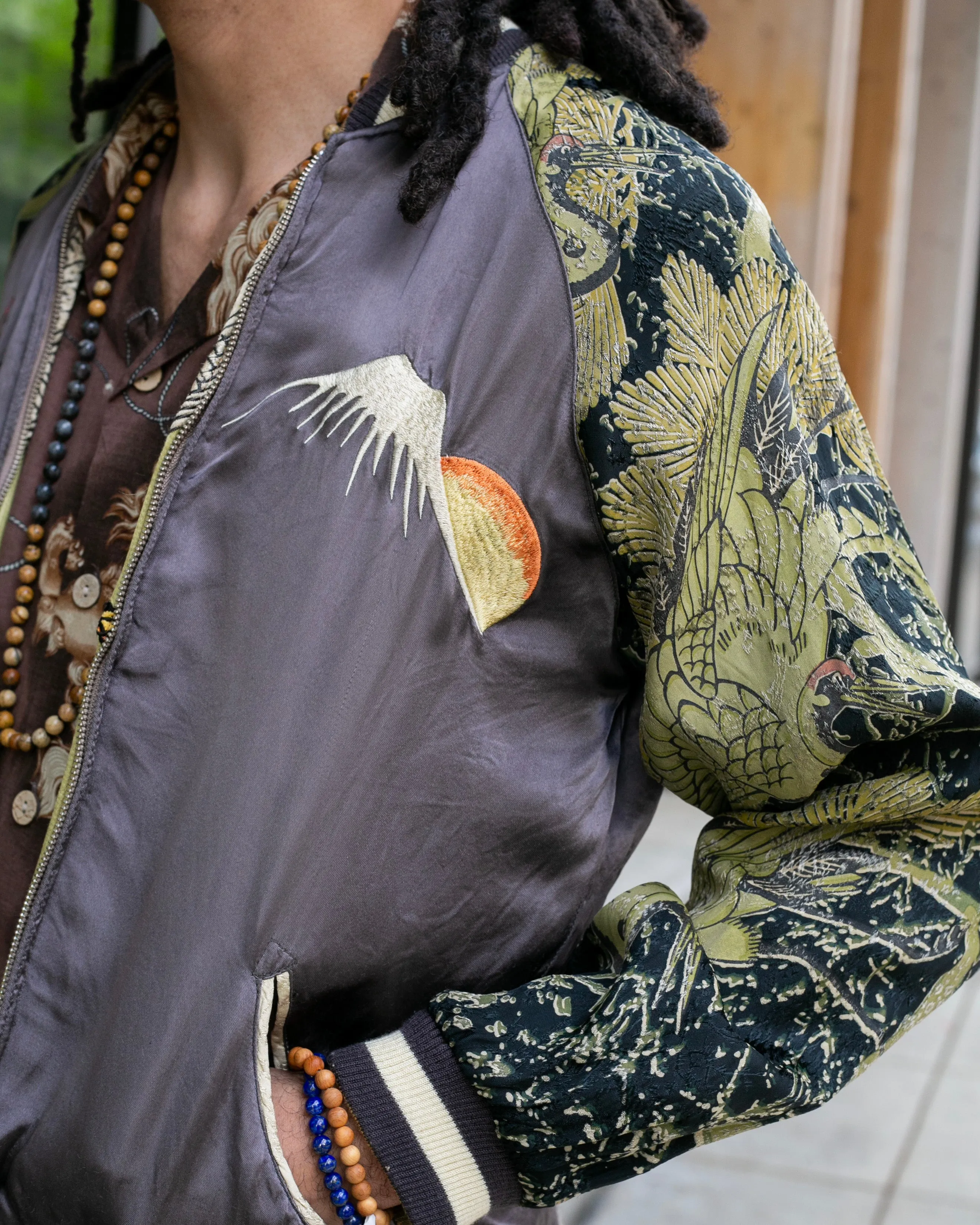 Japanese Repro Souvenir Jacket, Reversible, Gold Birds and Mt. Fuji - M