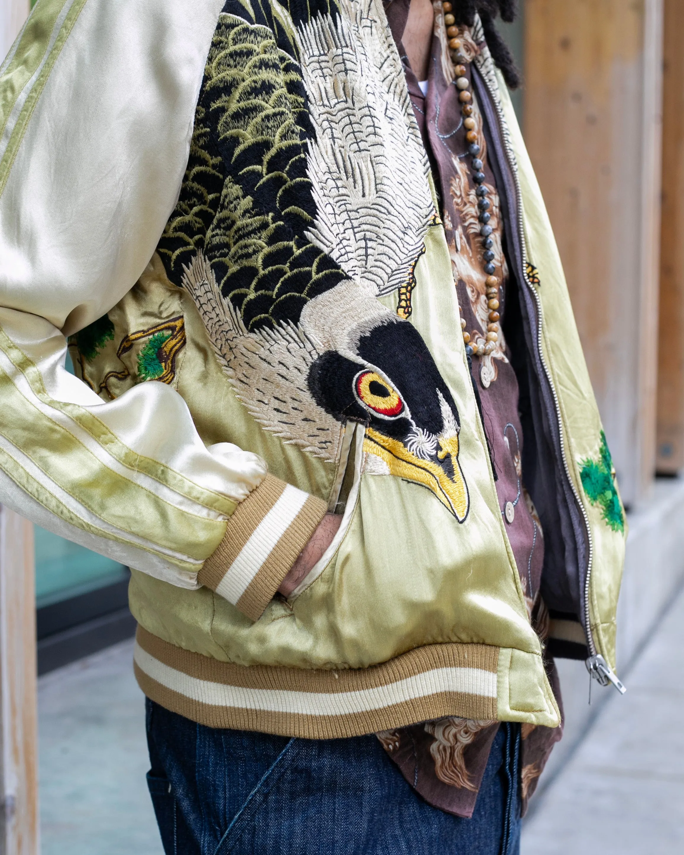Japanese Repro Souvenir Jacket, Reversible, Gold Birds and Mt. Fuji - M