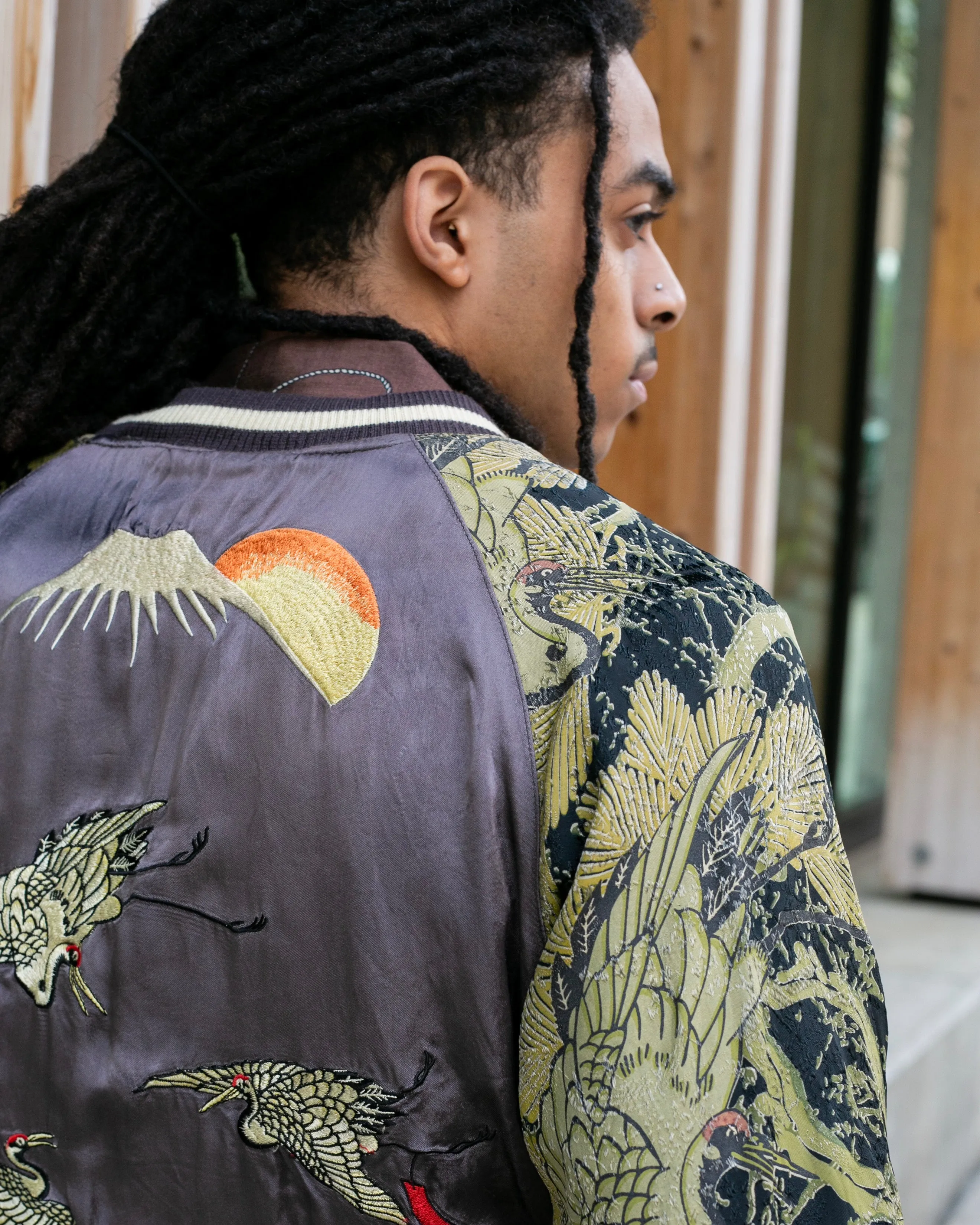 Japanese Repro Souvenir Jacket, Reversible, Gold Birds and Mt. Fuji - M