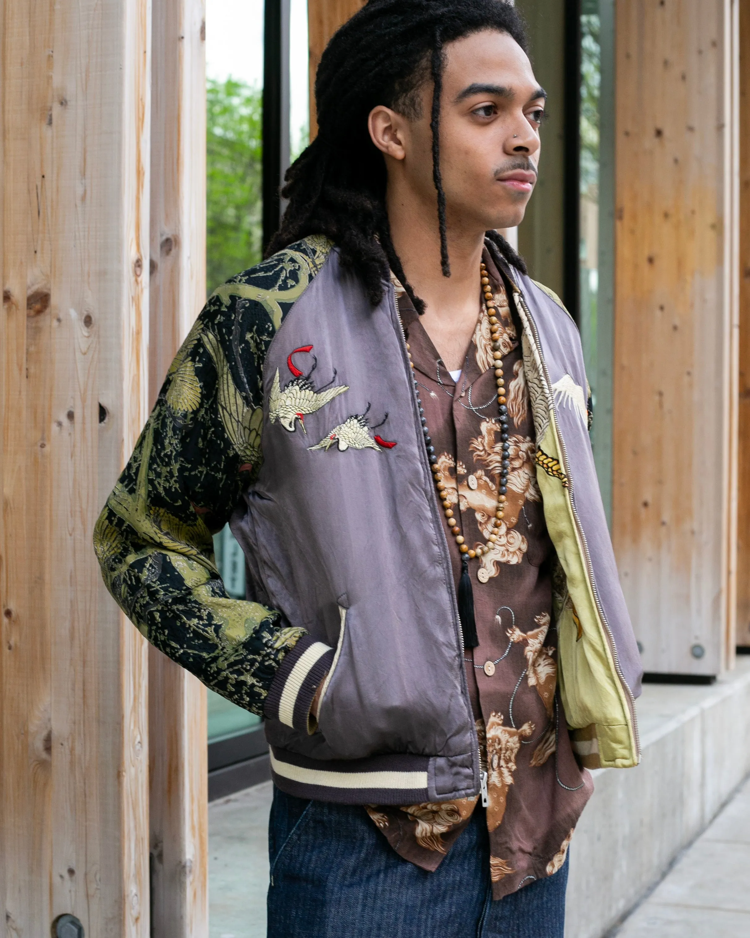 Japanese Repro Souvenir Jacket, Reversible, Gold Birds and Mt. Fuji - M