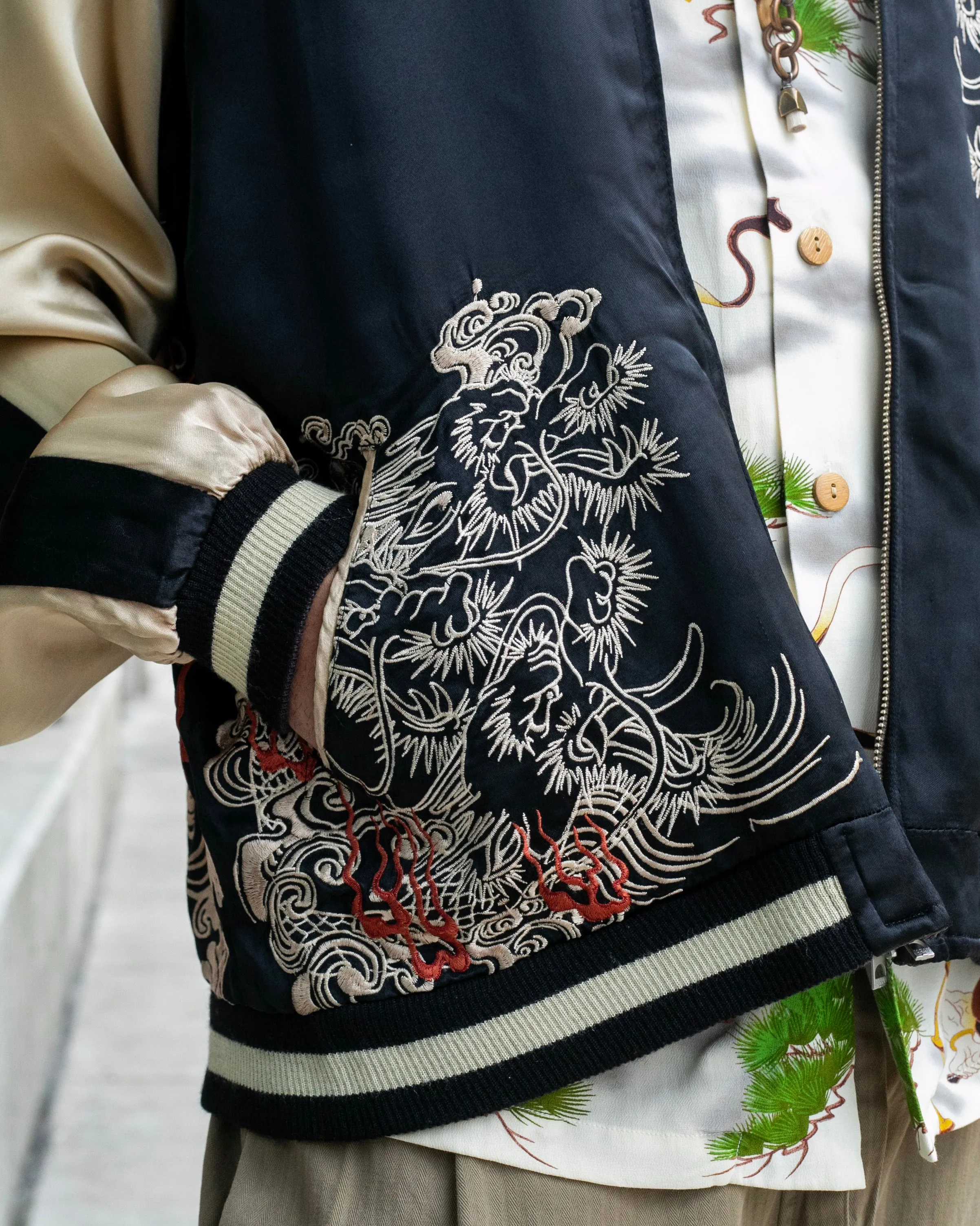 Japanese Repro Souvenir Jacket, Reversible, Taupe with Warrior - XL