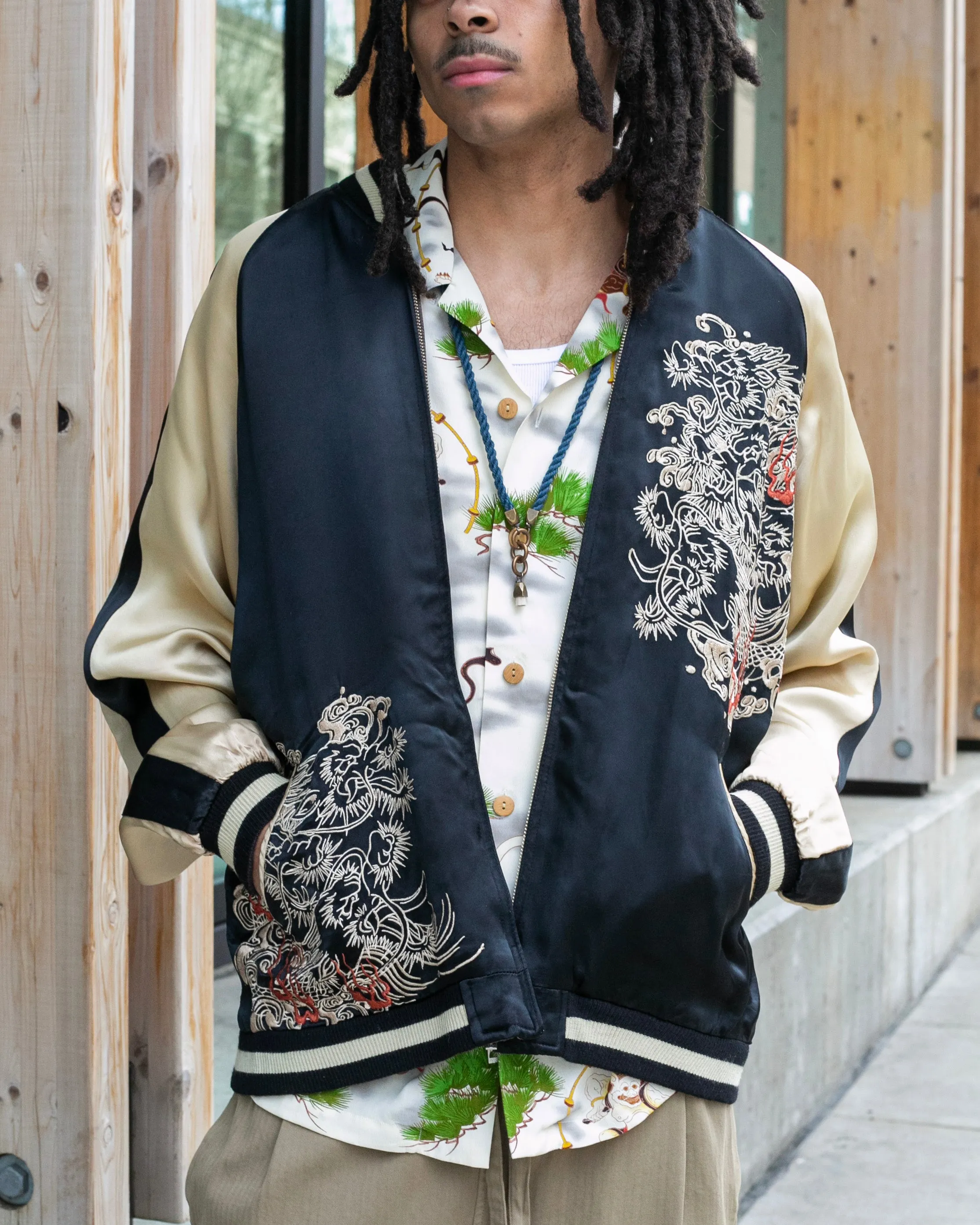Japanese Repro Souvenir Jacket, Reversible, Taupe with Warrior - XL