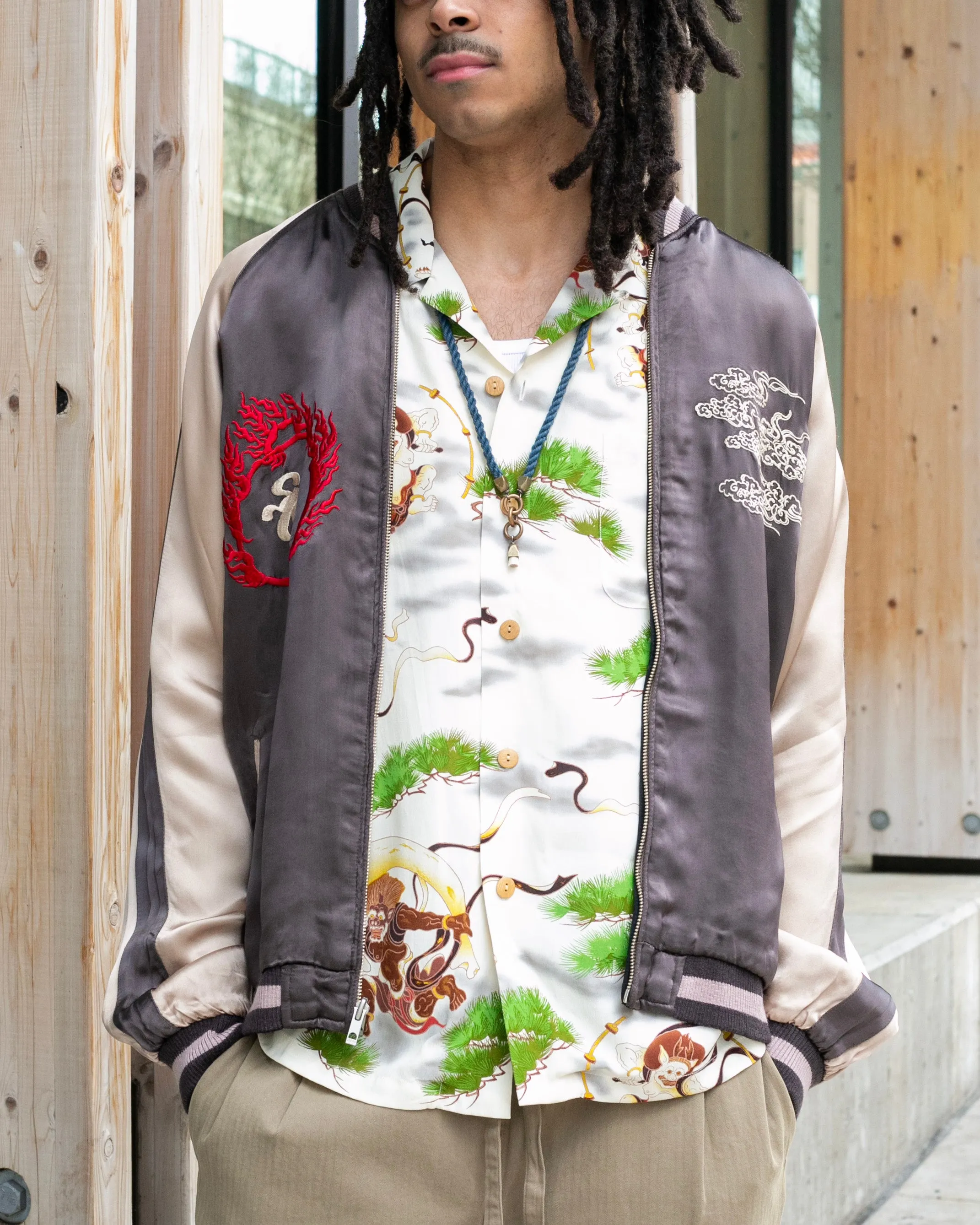 Japanese Repro Souvenir Jacket, Reversible, Taupe with Warrior - XL