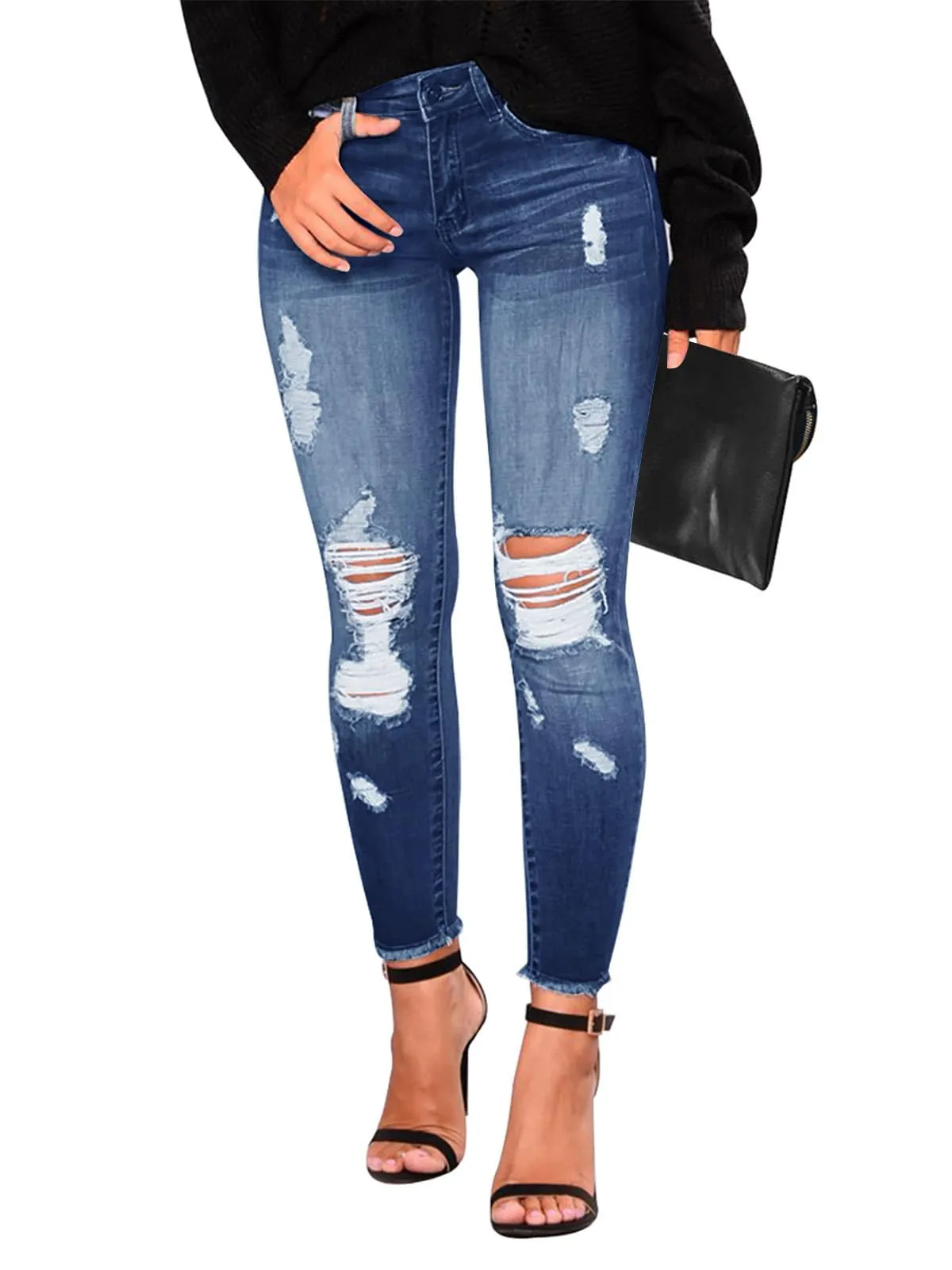KUNMI Women's Skinny Ripped Trendy Jeans Distressed Stretchy Denim Pants