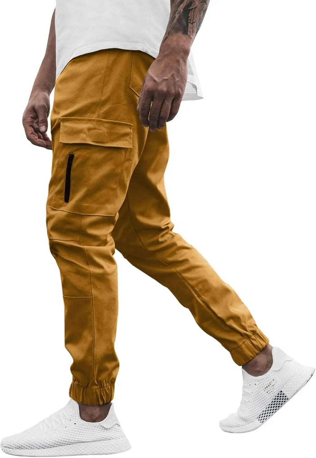 Mens Cargo Pants Lightweight Elastic Waist Casual Sweatpants Slim Fit Joggers Athletic Side Zipper Pockets Trousers