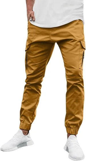 Mens Cargo Pants Lightweight Elastic Waist Casual Sweatpants Slim Fit Joggers Athletic Side Zipper Pockets Trousers