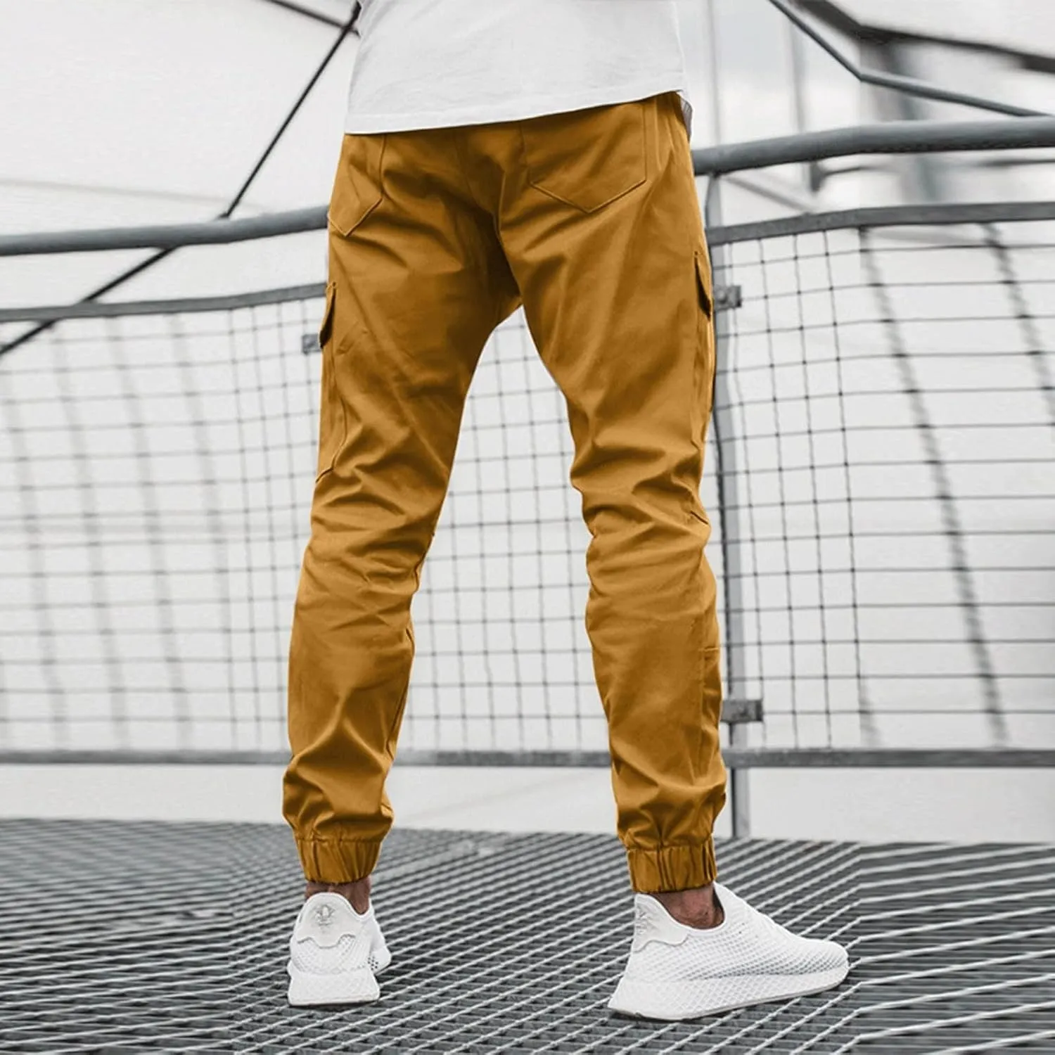 Mens Cargo Pants Lightweight Elastic Waist Casual Sweatpants Slim Fit Joggers Athletic Side Zipper Pockets Trousers