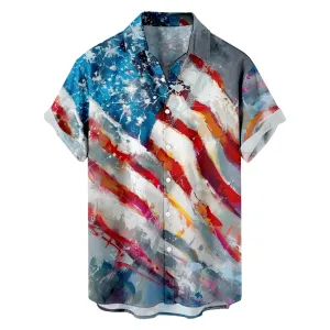 Men's Oil Painting American Flag Short Sleeve Shirt with Chest Pocket