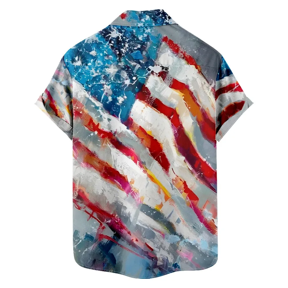 Men's Oil Painting American Flag Short Sleeve Shirt with Chest Pocket