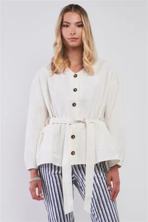 Off-white Balloon Sleeve Button-down Front Self-tie Belted Oversized Summer Jacket