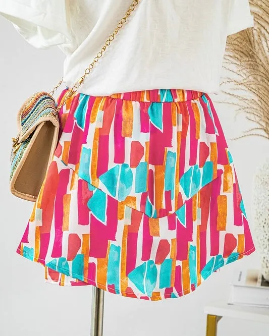 Pink, Blue & Orange Abstract Print Ruffle Hem Shorts