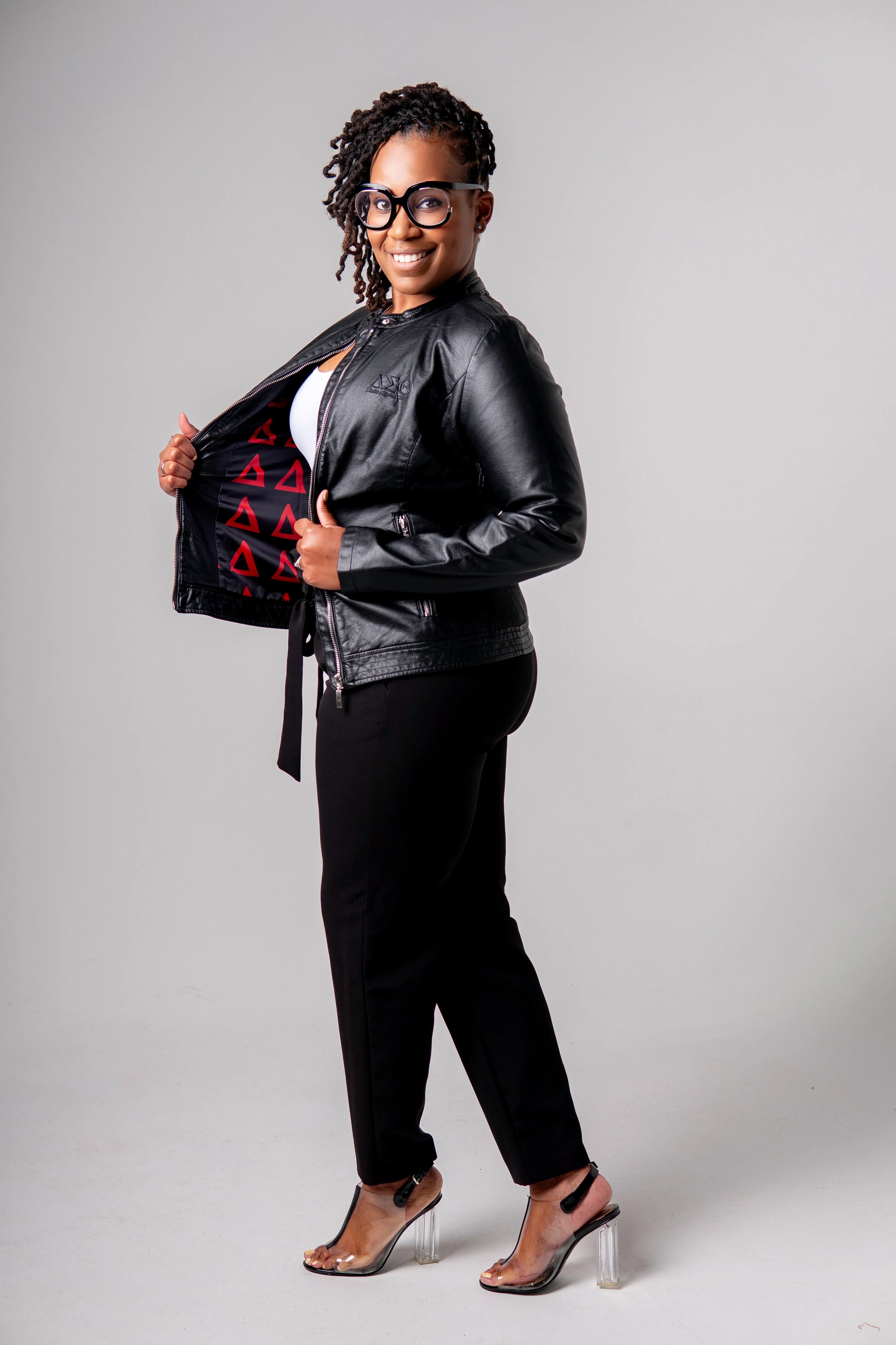 PU Leather Embroidered Delta Jacket (Black)