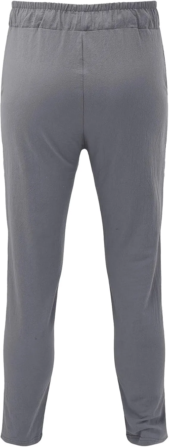 QWENTMTNTY Men's Elastic Waist Linen Pants Casual Relaxed Fit Loose Lightweight Pants Comfort Yoga Beach Drawstring Trousers