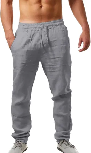 QWENTMTNTY Men's Elastic Waist Linen Pants Casual Relaxed Fit Loose Lightweight Pants Comfort Yoga Beach Drawstring Trousers