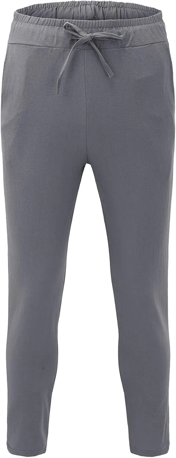 QWENTMTNTY Men's Elastic Waist Linen Pants Casual Relaxed Fit Loose Lightweight Pants Comfort Yoga Beach Drawstring Trousers