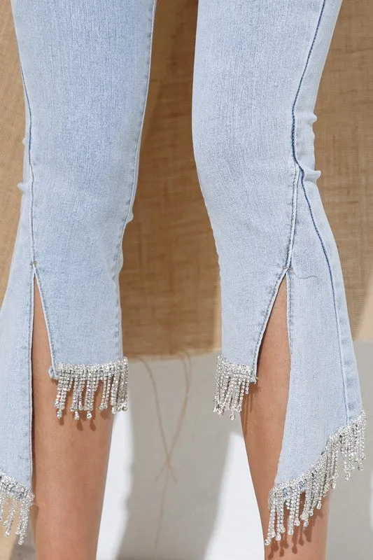 Rhinestone uneven edge fringe jeans,