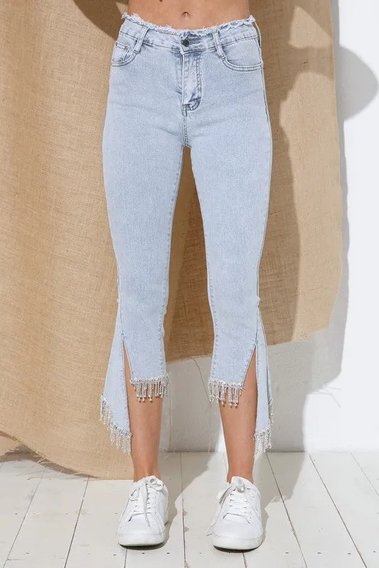 Rhinestone uneven edge fringe jeans,
