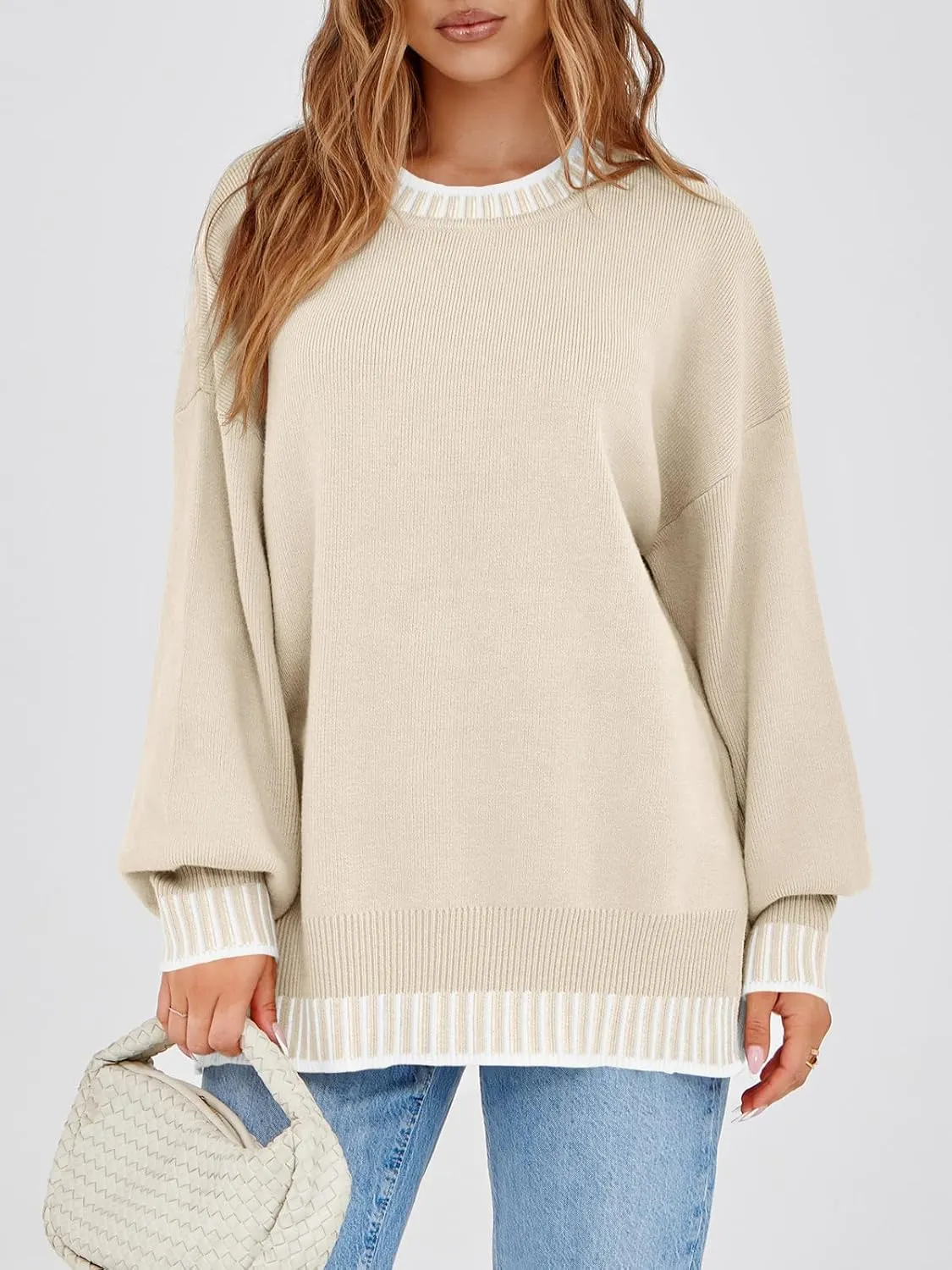 Saodimallsu Womens Oversized Sweaters Crewneck Color Block Winter Sweater Lantern Sleeve Side Slit Knit Pullover Tops