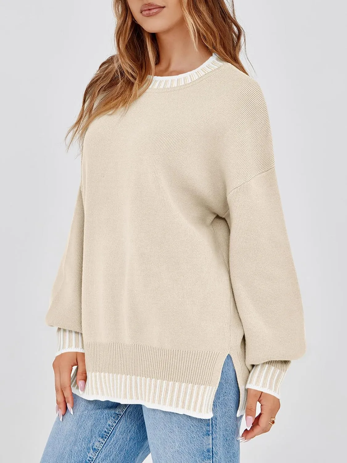 Saodimallsu Womens Oversized Sweaters Crewneck Color Block Winter Sweater Lantern Sleeve Side Slit Knit Pullover Tops
