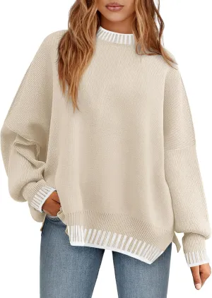 Saodimallsu Womens Oversized Sweaters Crewneck Color Block Winter Sweater Lantern Sleeve Side Slit Knit Pullover Tops