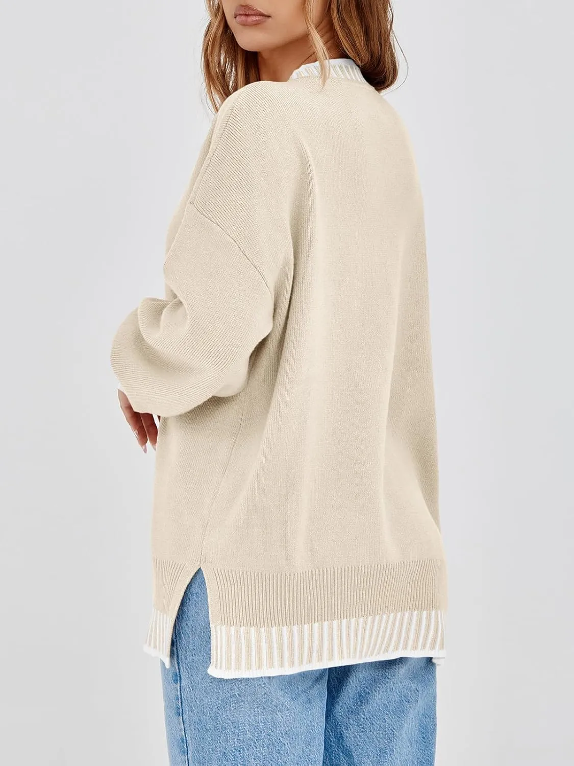 Saodimallsu Womens Oversized Sweaters Crewneck Color Block Winter Sweater Lantern Sleeve Side Slit Knit Pullover Tops
