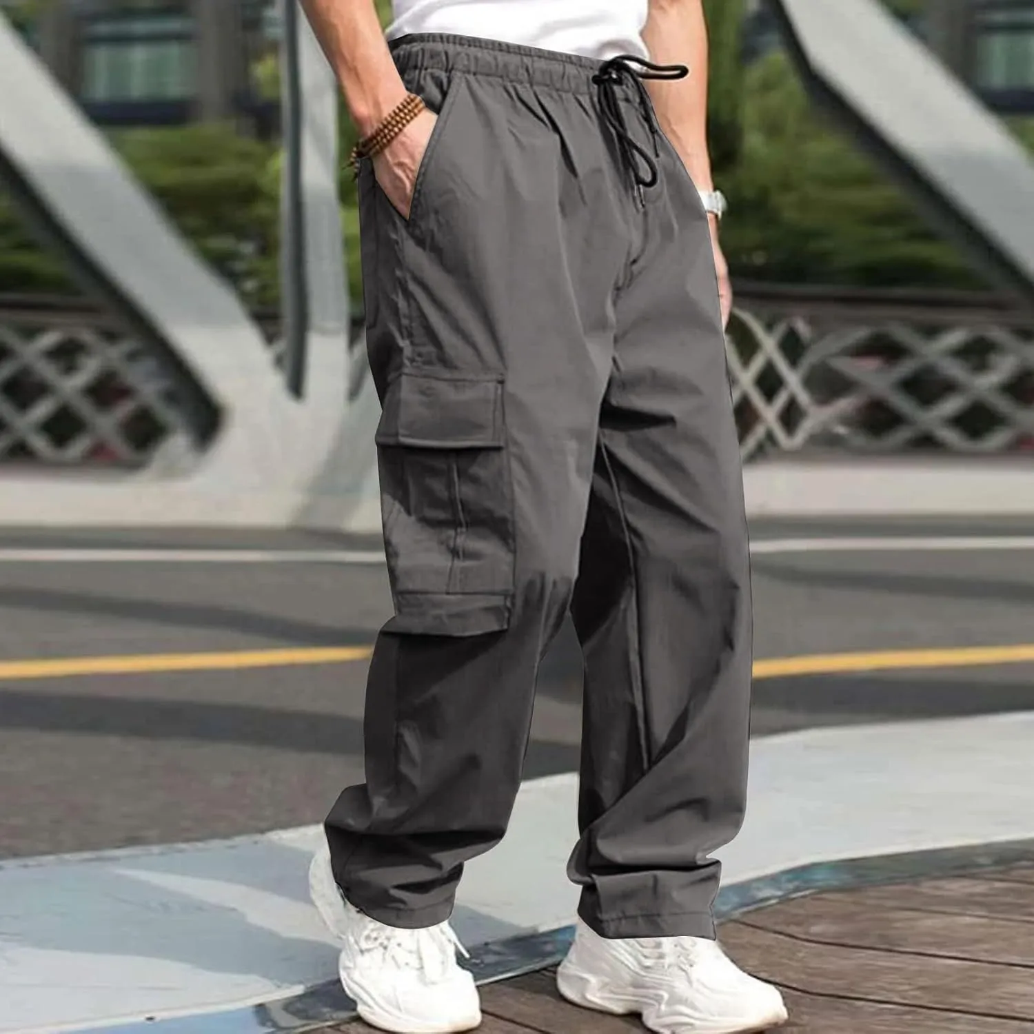 Vickyleb Mens Hiking Cargo Pants Sweatpants Work Drawstring Sports Loose Fit Athletic Joggers Trousers with Pockets
