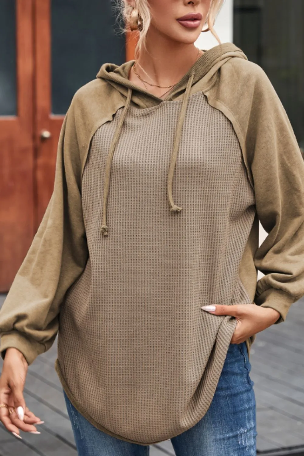 Waffled Knit Exposed Seam Drawstring Hoodie
