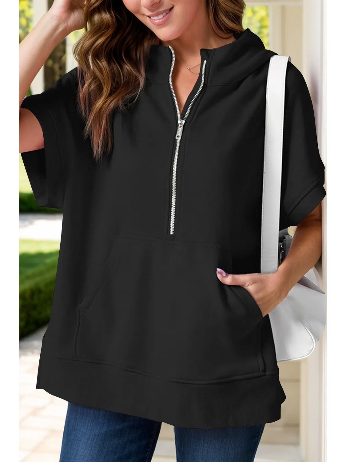 Women Half Zip Short Sleeve Hoodie