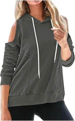 Womens Hoodies Oversized Sweatshirts Casual Hooded Pullover Off Shoulder Drawstring Long Sleeve Fall Fashion Clothes
